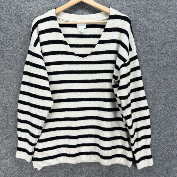H&M Sweater Pullover Women M Medium White Striped V-Neck Long Sleeve Knit Wool - Picture 1 of 7